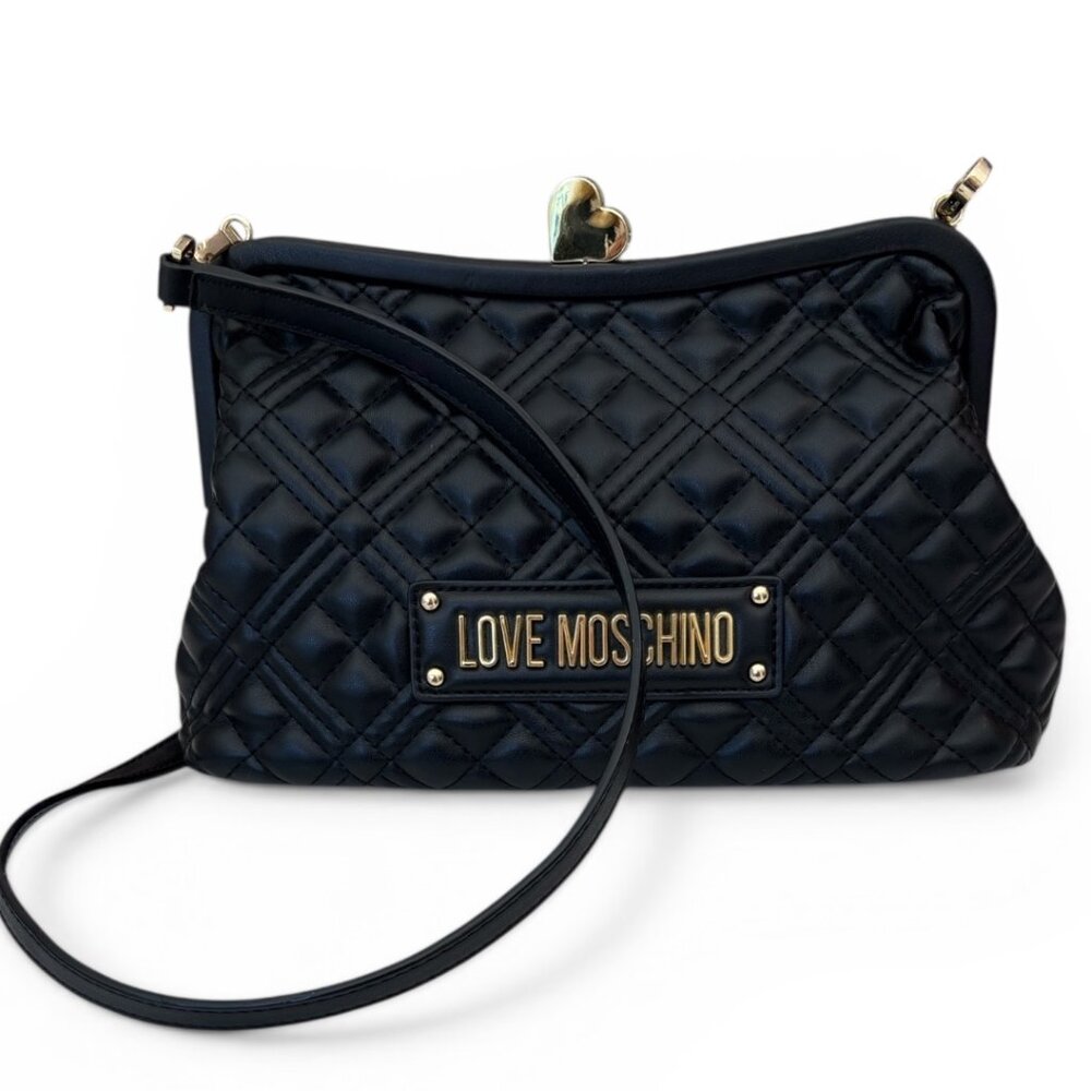 Love Moschino Black Quilted Heart Logo Shoulder Bag Gold Heart Hardware